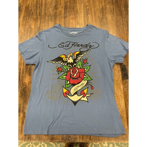 Ed Hardy Blue T-Shirt, Eagle, Heart,Bling Rose, Anchor - Picture 5 of 12